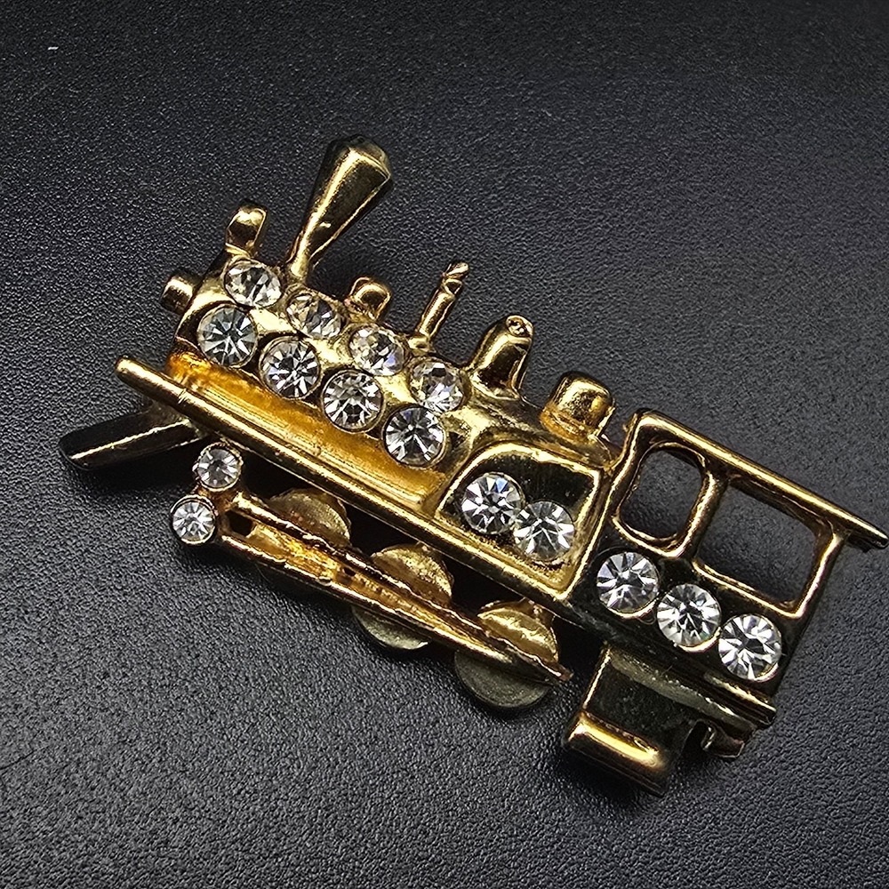 Rhinestone Train Brooch Gold Tone Vintage Transportation Jewelry